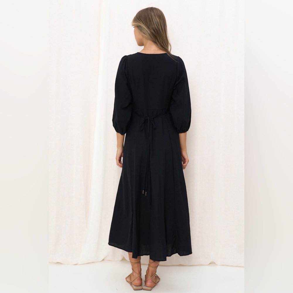 Iris Maxi Melina L/S Dress Black Size 8 Button Front V Neck Puff Sleeves - Picture 3 of 13